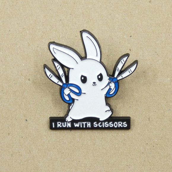 FREE ADD ON WITH PURCHASE I Run With Scissor Crafty Bunny Enamel Brooch Pin - Picture 1 of 4